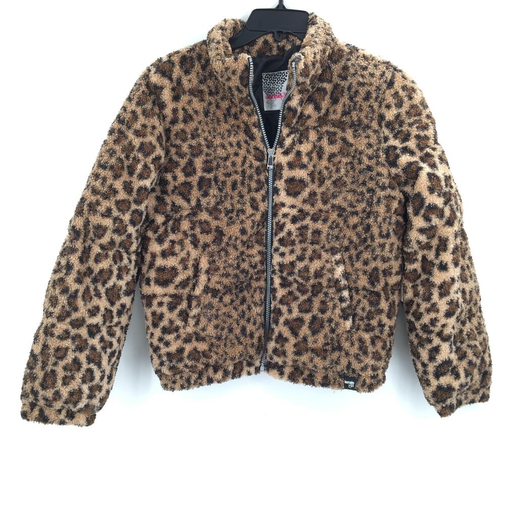 Kensie Girl Girls Cheetah Print Sherpa Zip Up Bomber Jacket Beige/Brown SZ 14/16